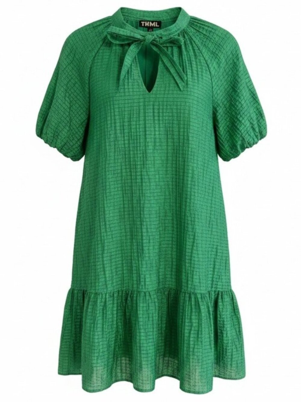 THML Green Textured Mini Dress Small Tie Neck Puff Sleeve Tier Boho Cottagecore - Picture 1 of 12